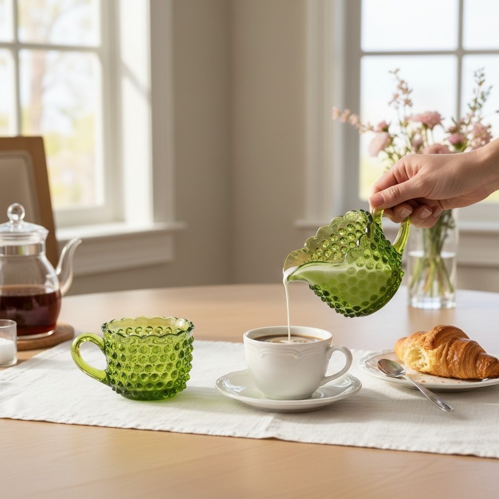Fenton Hobnail Creamer Sugar Set Avocado Green Very Good MCM Glass